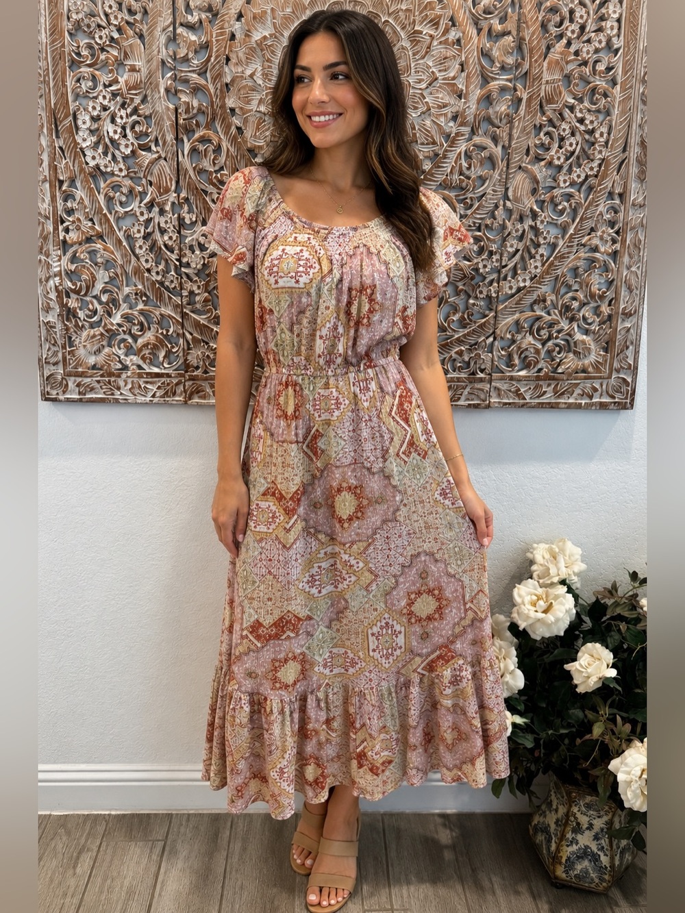 New Directions Romantic Boho Country Peasant Midi Dress w/ Short Flutter Sleeves